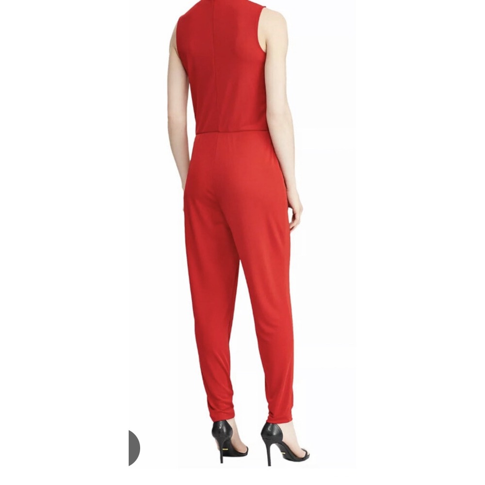 Lauren Ralph Lauren Red Sleeveless Jumpsuit Split Neck‎ Pockets Size Medium GUC